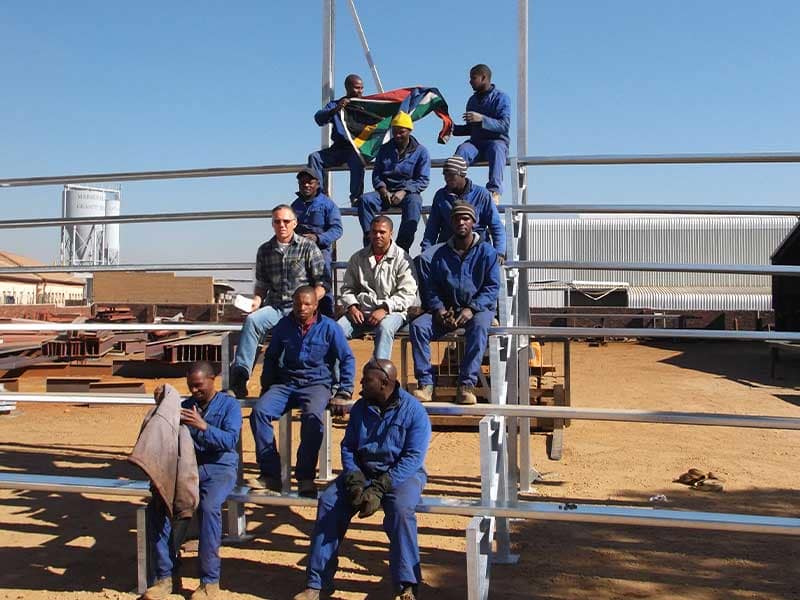 Steel football stand trial-erected in the Structures 2000 yard before export to Mozambique